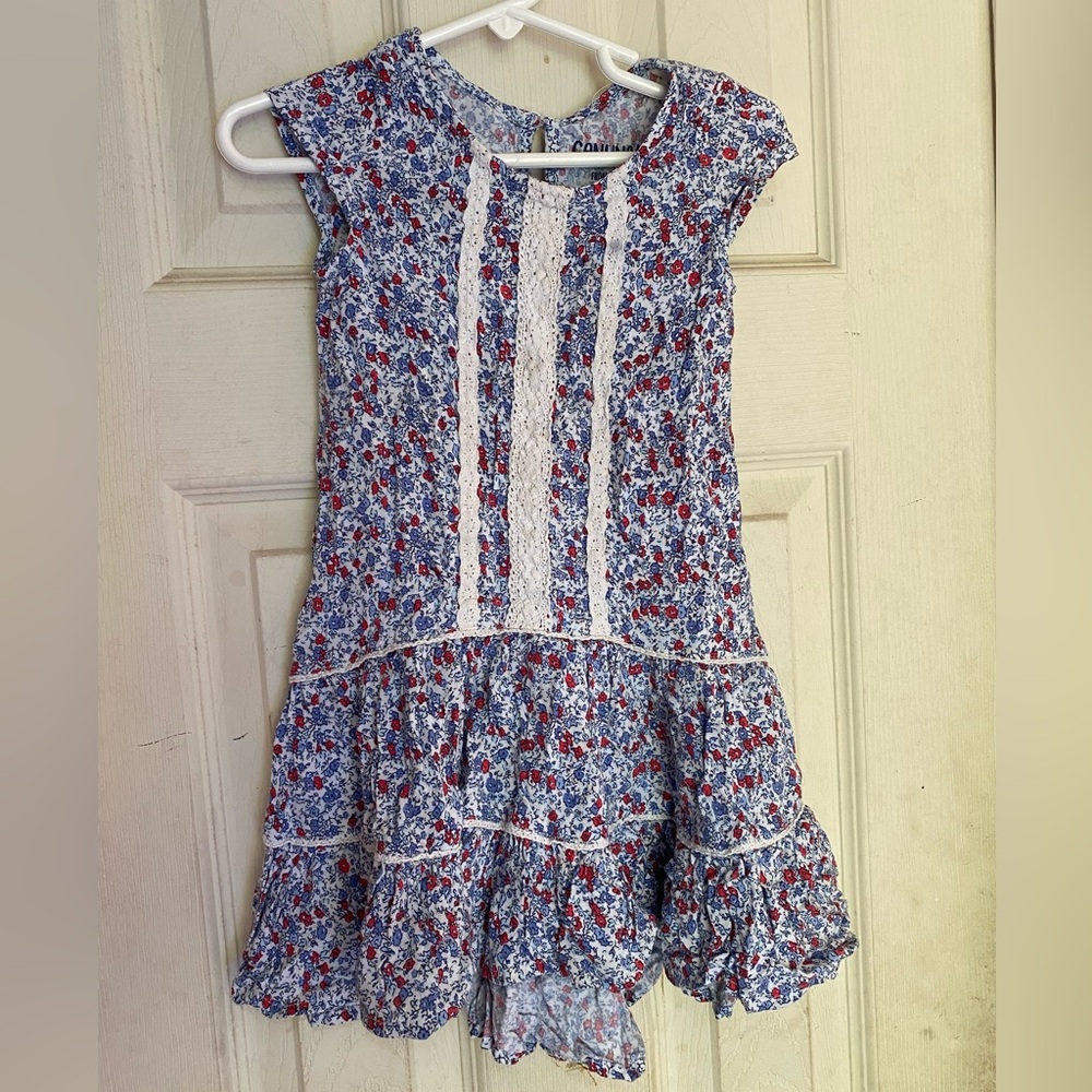 Oshkosh Blue Floral Ruffle Dress with Lace Trim